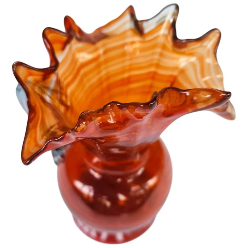 Vintage Fenton Orange Swirl Ruffled Fluted Pitcher Vase 7” x 3” Blue Tint Handle
